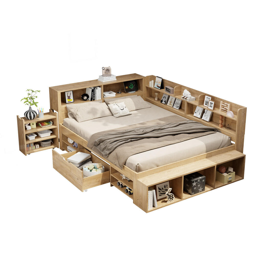 OKWISH DĚTSKÁ postel 140/200 cm přírodní z překližky s úložným prostorem a roštem