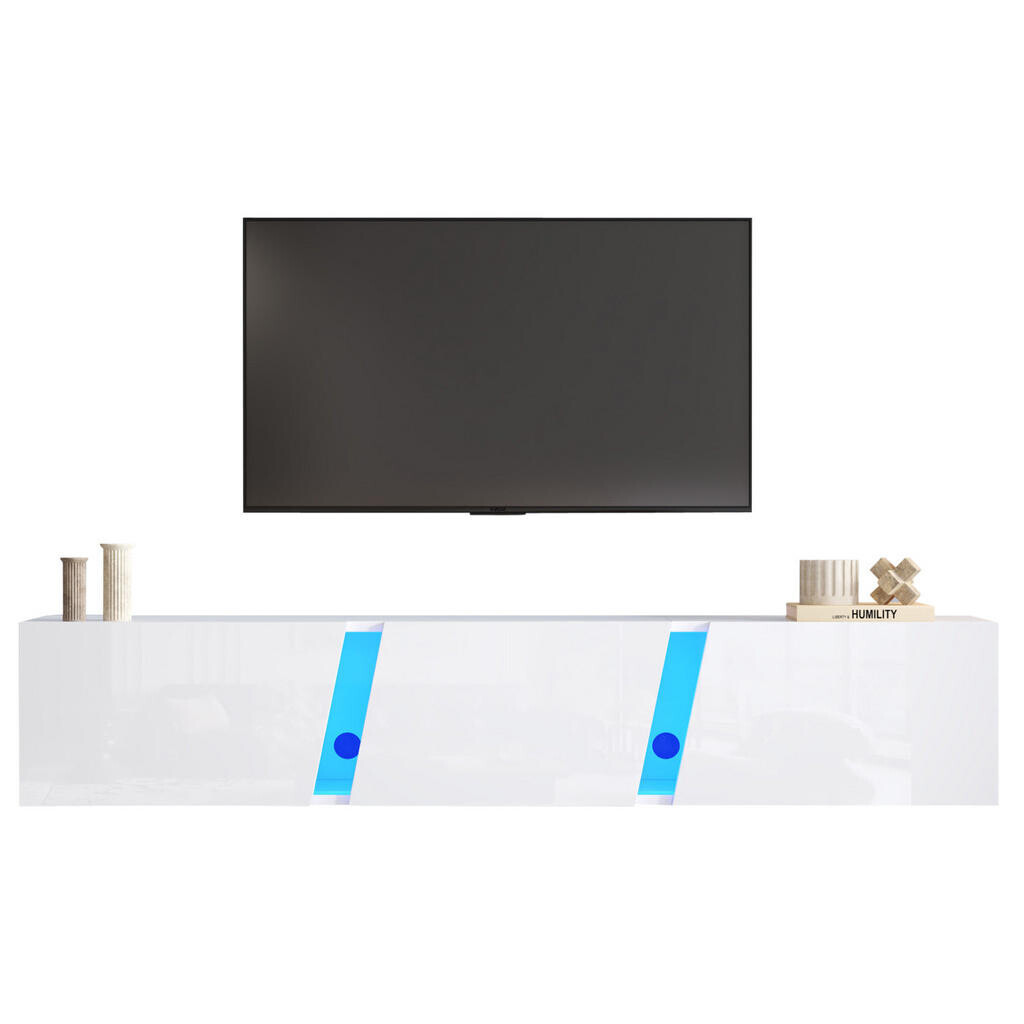 Redom ZÁVĚSNÝ TV stolek 180/35/30 cm s LED osvětlením a třemi klopnými dvířky, vysoký lesk, Bílá