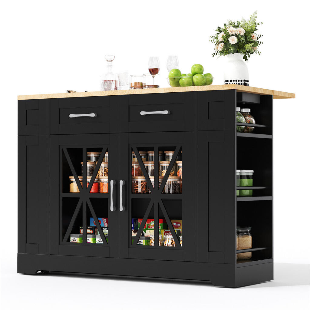 Redom KUCHYŇSKÝ ostrůvek 120/40(65)/92 cm s výklopným jídelním stolem, zásuvkami a USB, na kolečkách, Černá a přírodní
