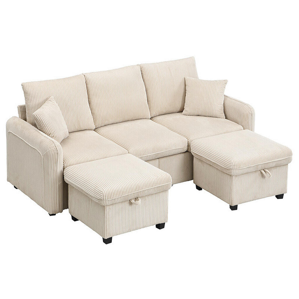 OKWISH SEDACÍ souprava 52/52 cm béžová z manšestrové látky a pěny s úložným prostorem a rozkládací funkcí