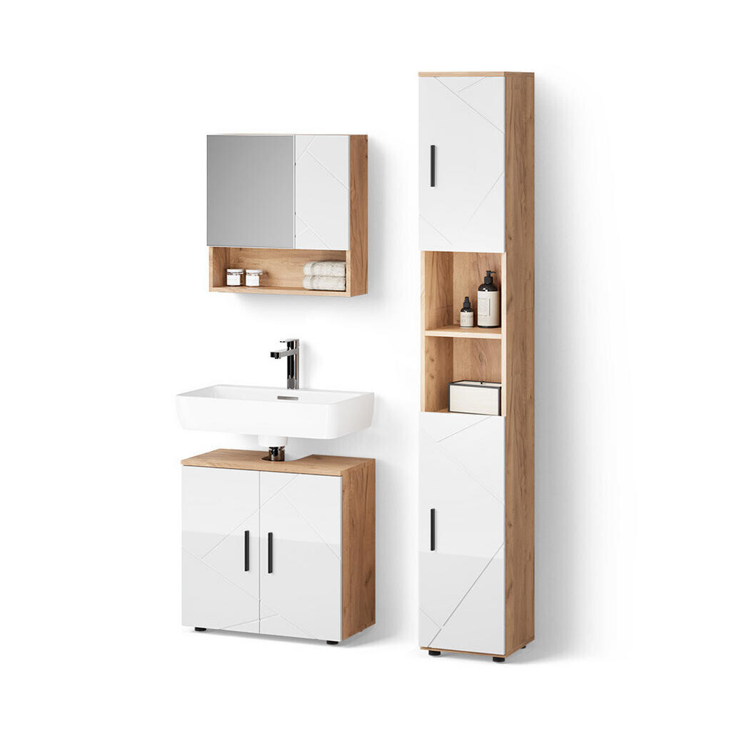 Livinity® KOUPELNOVÝ NÁBYTEK Ronco, Bílá vysoký lesk/Zlatý mocný dub, 3dílná