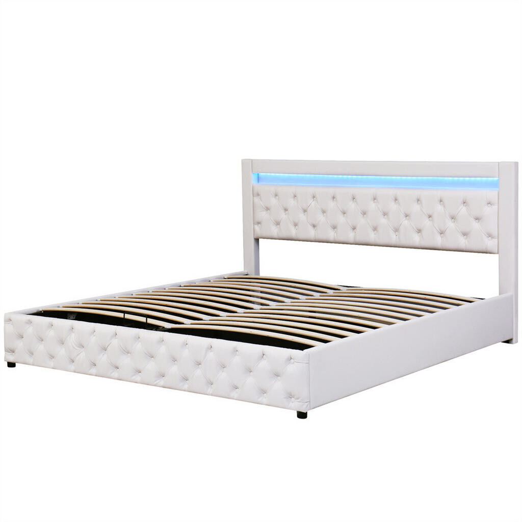KOMHTOM POLŠTÁŘOVÁ POSTEL 180/200 cm v bílé barvě, PU, s LED osvětlením