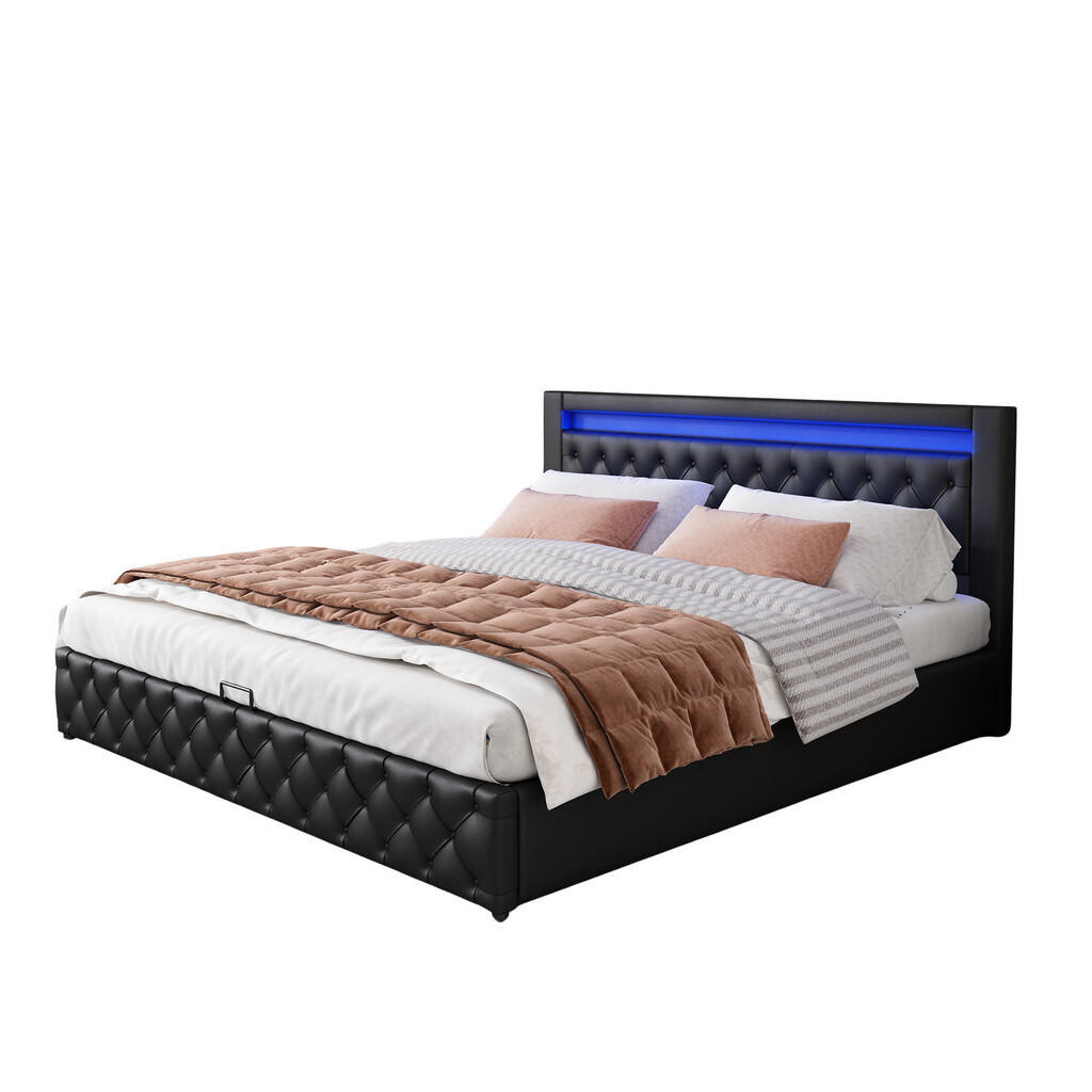 FLIEKS ČALOUNĚNÁ POSTEL 160x200 Černá PU LED Úložný Prostor