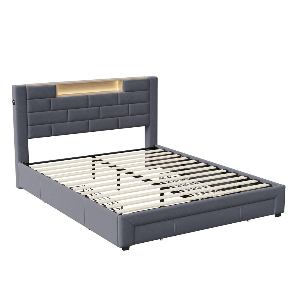 SHOPENTRA ČALOUNĚNÁ postel 160x200 cm šedý samet LED USB 3 zásuvky