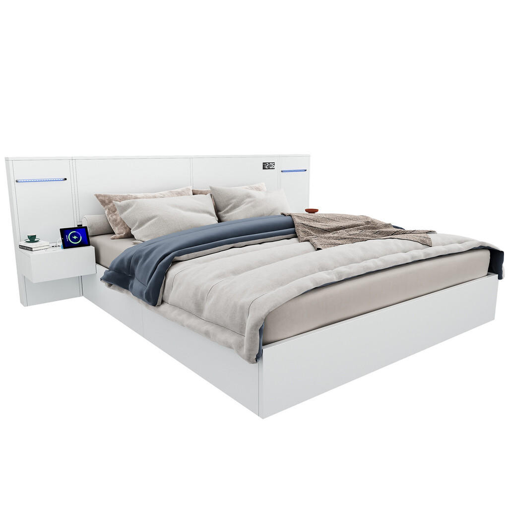 FLIEKS DŘEVĚNÁ POSTEL 180x200cm USB Bluetooth LED Bílá