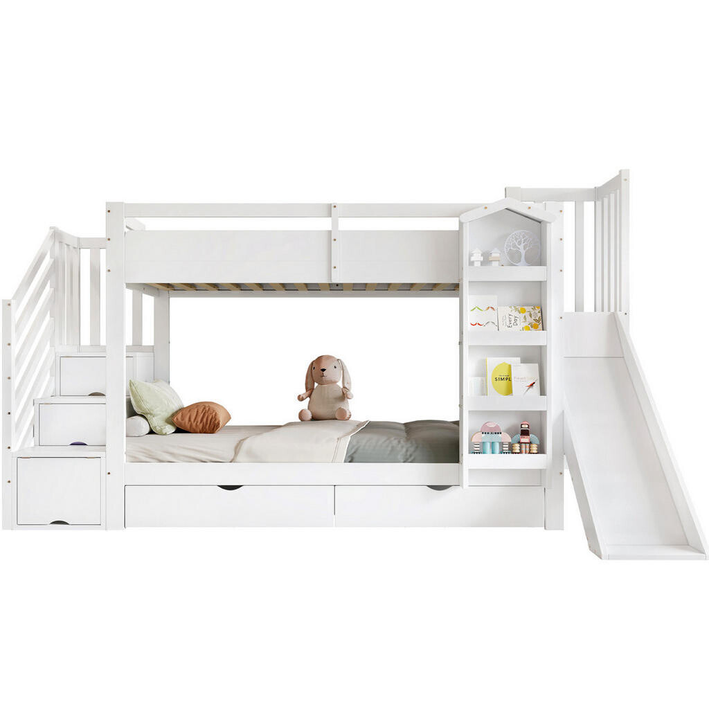 Redom PALANDA 90/200 cm s knihovnou, 2 zásuvkami, skluzavkou a schodištěm, masivní dřevo/MDF, Bílá