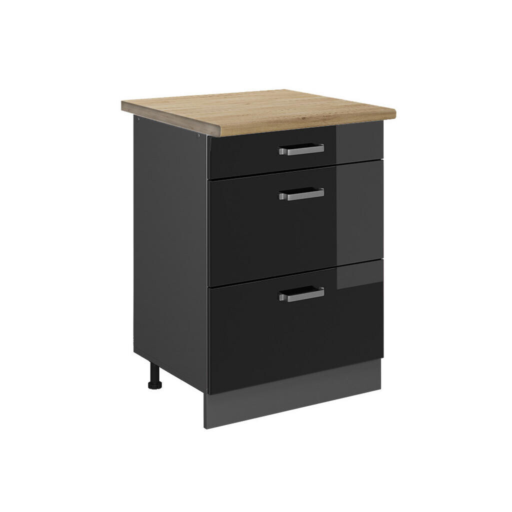 Vicco SPODNÍ SKŘÍŇKA KUCHYŇSKÉ LINKY R-Line Černý vysoký lesk 60 cm se zásuvkami, PD Dub