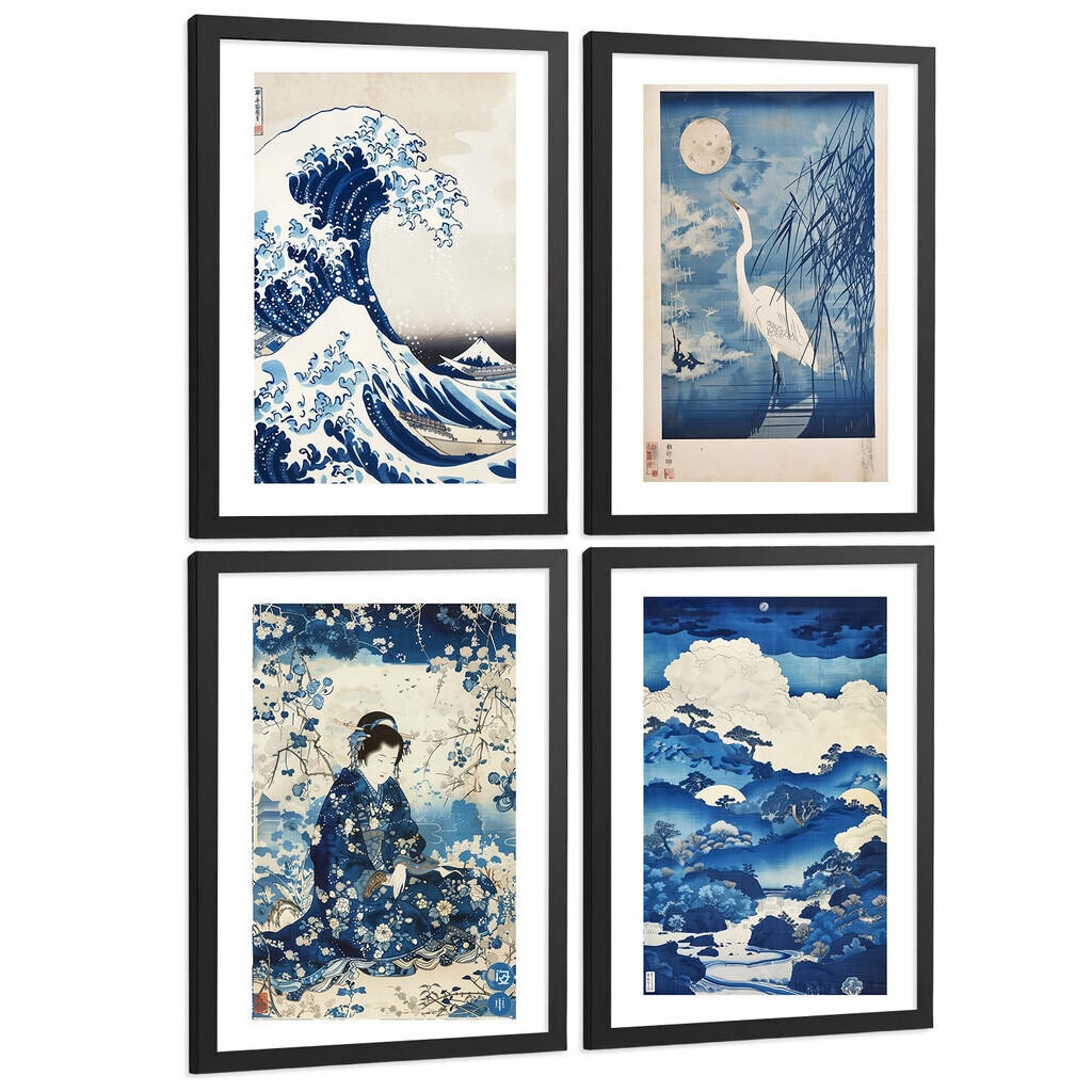 Nacnic PLAKAT Sada 4 Japan Blue A3 Černý rám