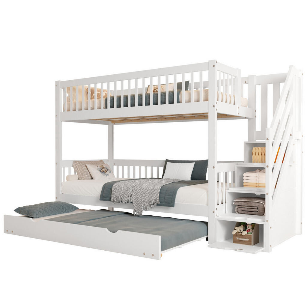 OKWISH PATROVÁ postel 90/200 cm bílá z borovice a MDF s výsuvnou postelí a šatní skříní s žebříkem