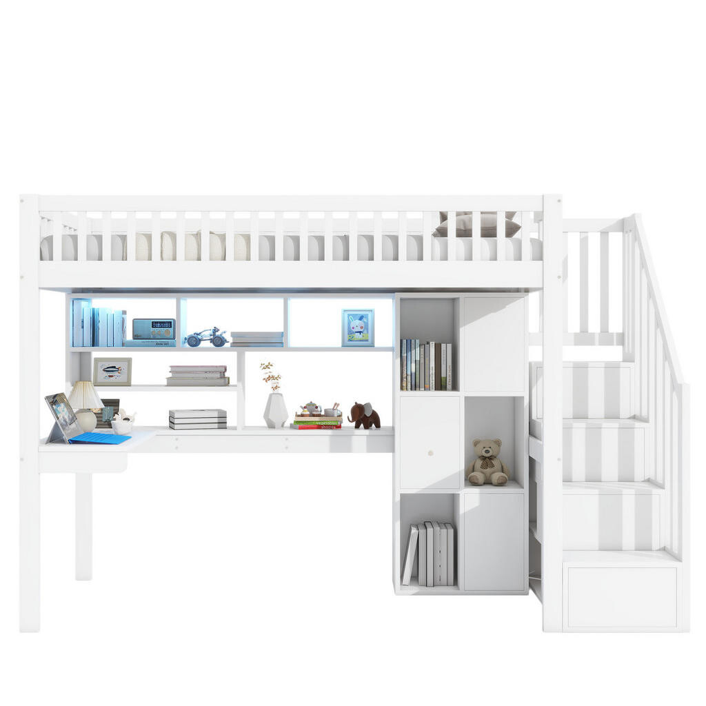 OKWISH PATROVÁ postel 90/200 cm bílá z borovice/MDF s LED osvětlením a psacím stolem