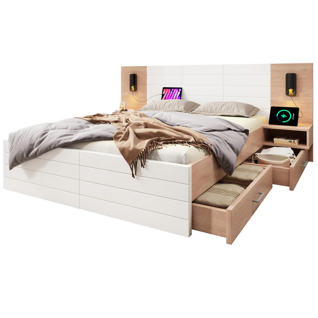 OKWISH MANŽELSKÁ postel 160/200 cm bílá/světlý dub z masivu a MDF s USB a osvětlením