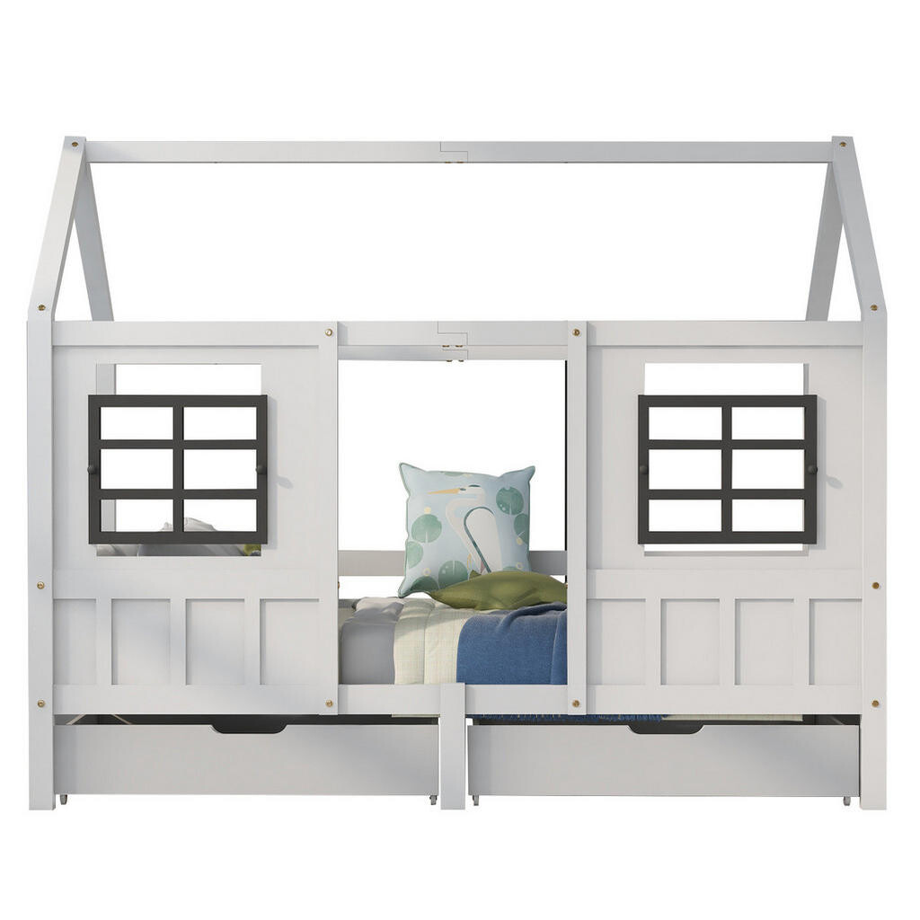Redom POSTEL 200/90 cm s okny, 2 zásuvkami a domečkovým designem, Bílá