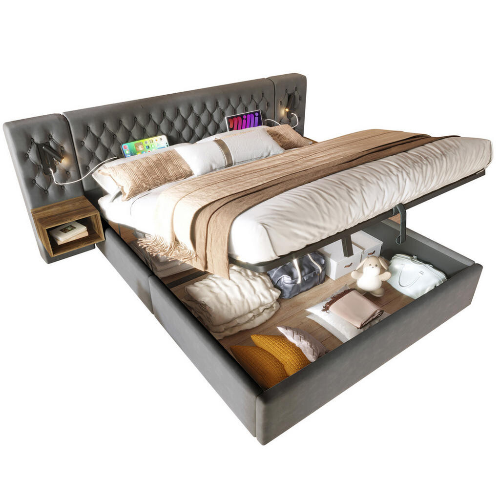Redom ČALOUNĚNÁ postel 180/200 cm s nočními stolky, čtecími lampami, USB a Type-C, hydraulickým úložným prostorem, Šedá
