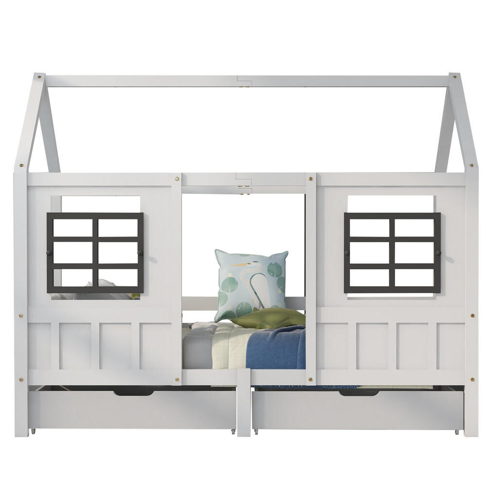 OKWISH DĚTSKÁ postel 200/90 cm bílá z borovice a MDF s okny a dvěma zásuvkami