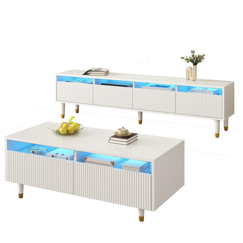 Redom SESTAVA obývacího nábytku TV stolek 178/35/45 cm a Jídelní stůl 110/50/40 cm s LED osvětlením a úložným prostorem, Bílá