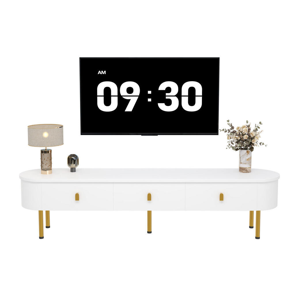 Redom TV stolek 174/35/41 cm s 3 zásuvkami, zaoblenými hranami a zlatými detaily, Bílá