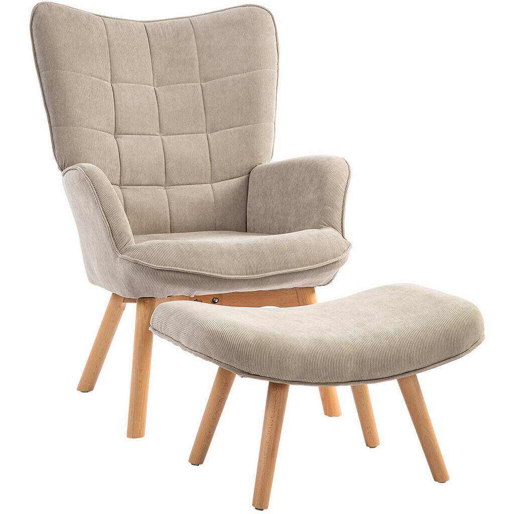 Redom KŘESLO s podnožkou 72/80/101 cm, prošívané opěradlo a bukové nohy, polyester, Khaki