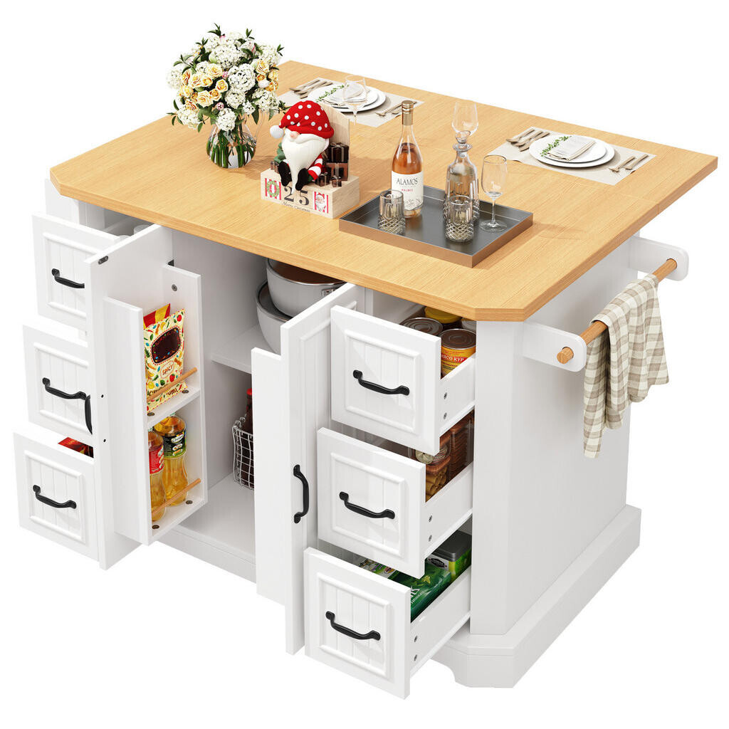 OKWISH KUCHYŇSKÝ ostrůvek 120/45/91 cm bílý z MDF a kovu s kolečky a úložným prostorem