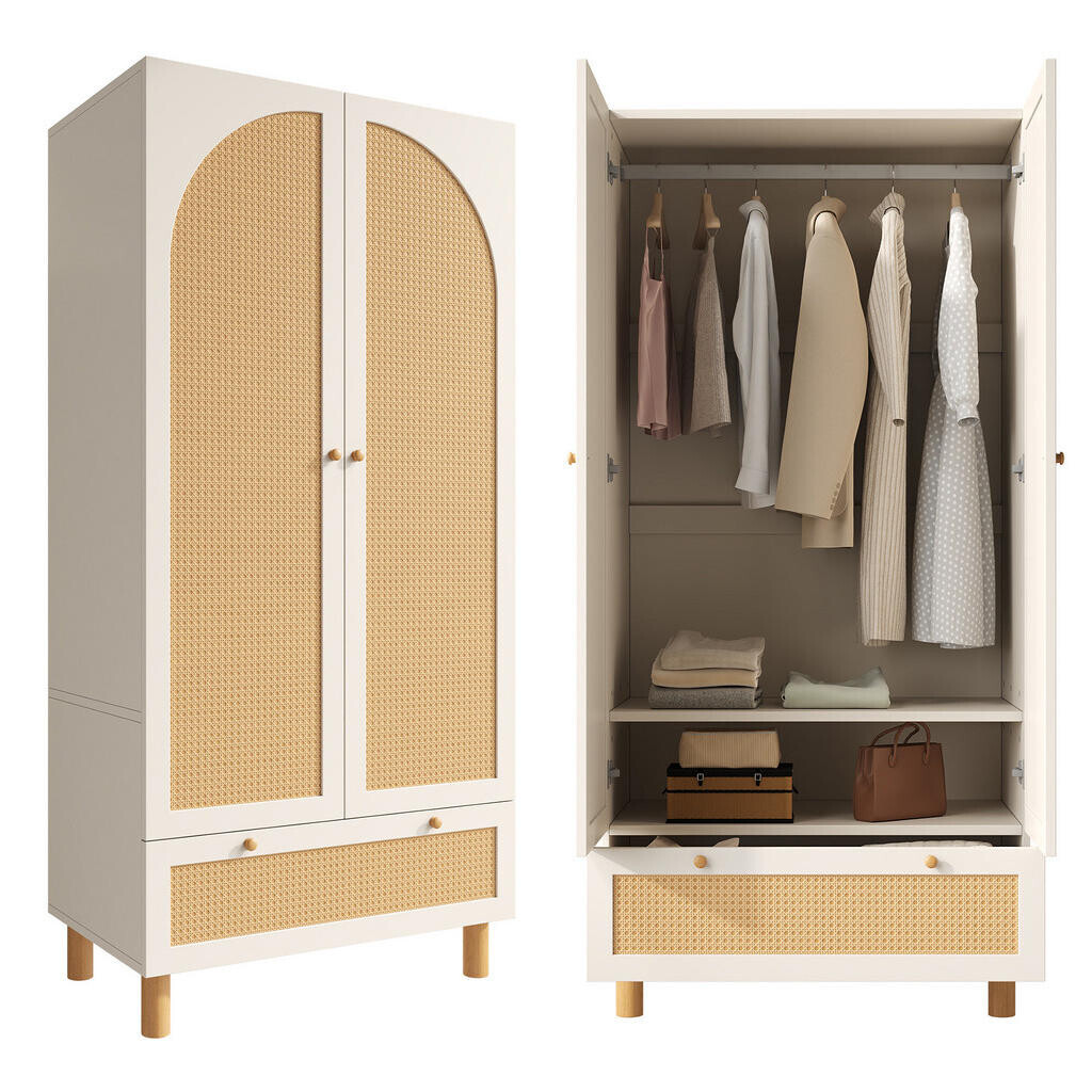 OKWISH ŠATNÍ skříň 180,5/85,5/52 cm bílá z MDF, dřevotřísky a borovice s ratanem, zásuvkou a závěsem