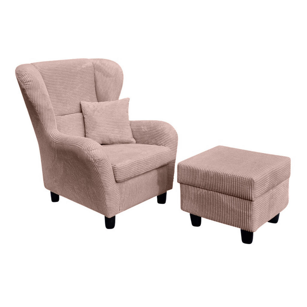 luma-home KŘESLO UŠÁK S PODNOŽKOU, vysoký komfort sezení díky vlnovému odpružení, šířka 90 cm / výška 98 cm / hloubka 76 cm, růžový kord / 18021