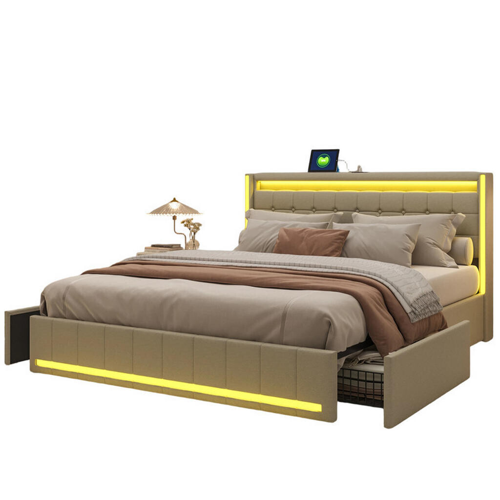 SHOPENTRA ČALOUNĚNÁ postel 140x190 béžová LED USB 4 zásuvky