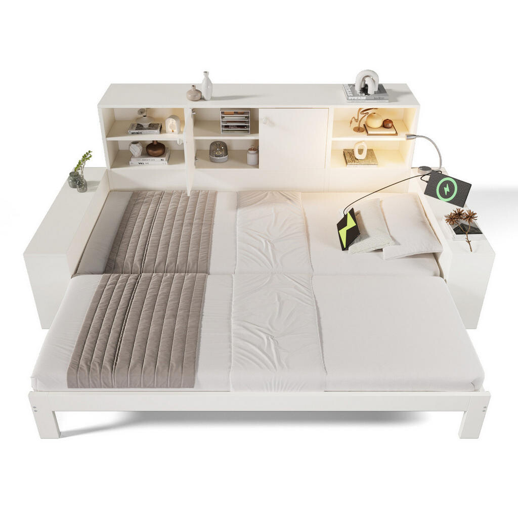 OKWISH DENNÍ postel 90/200 cm bílá z MDF a překližky s výsuvným lůžkem, úložným čelem a USB