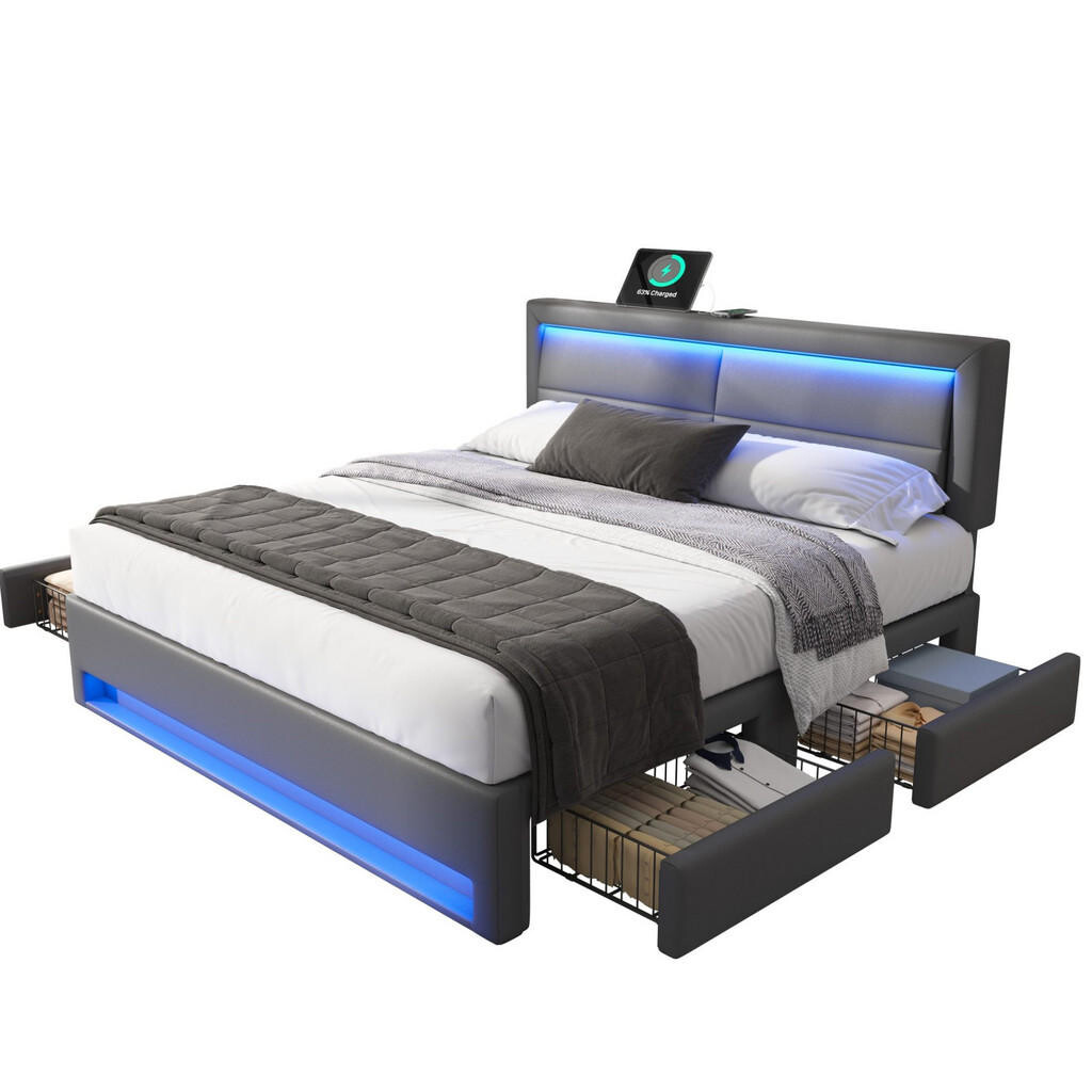 OKWISH ČALOUNĚNÁ postel 140/190 cm šedá z PU s LED osvětlením, USB nabíjením a 4 zásuvkami