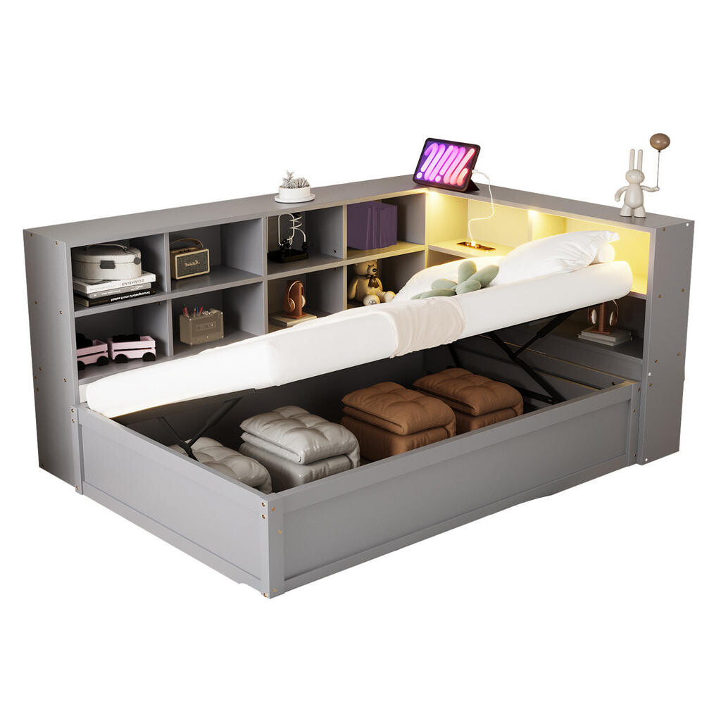 OKWISH JEDNOLŮŽKO 90/200 cm šedá z borovice s úložnými prostory LED osvětlením a zásuvkou