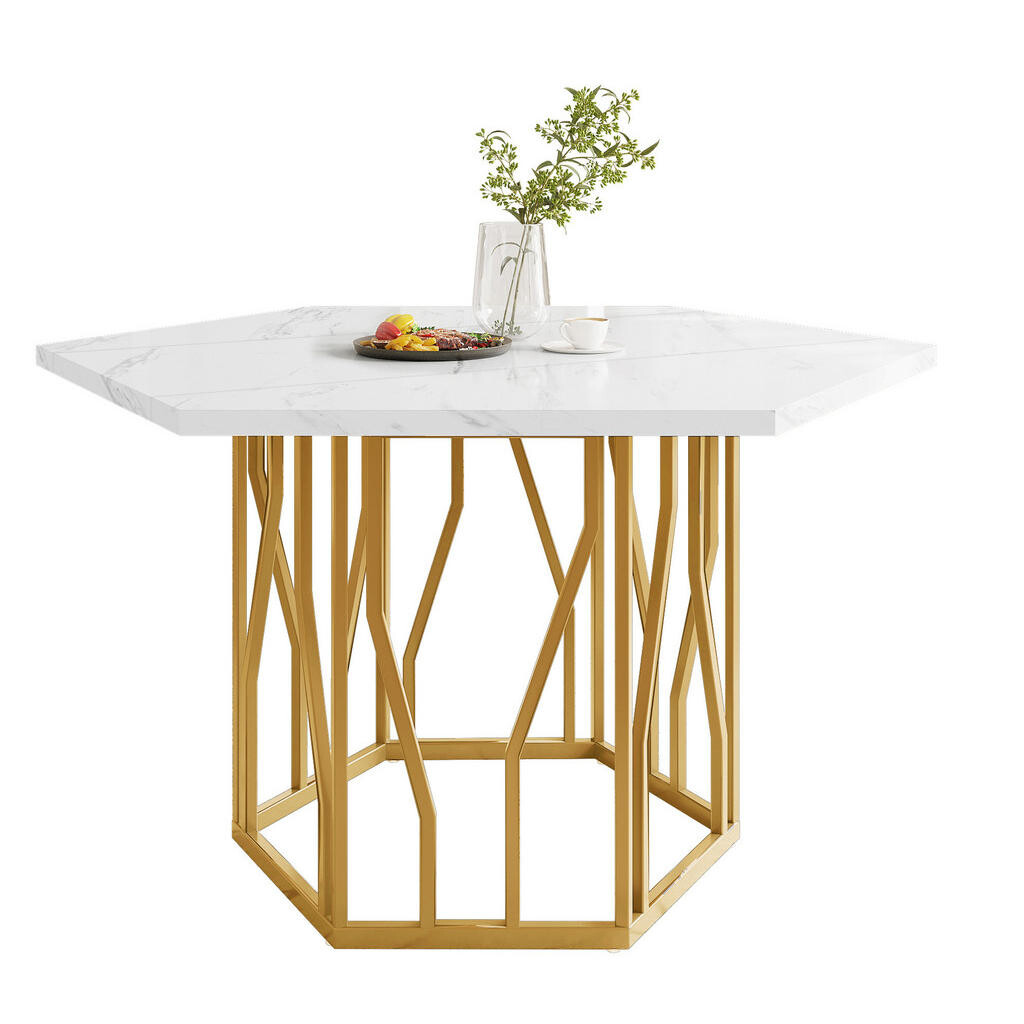 OKWISH JÍDELNÍ stůl 115,5/100/75 cm bílo-zlatý z MDF a oceli s mramorovým dekorem