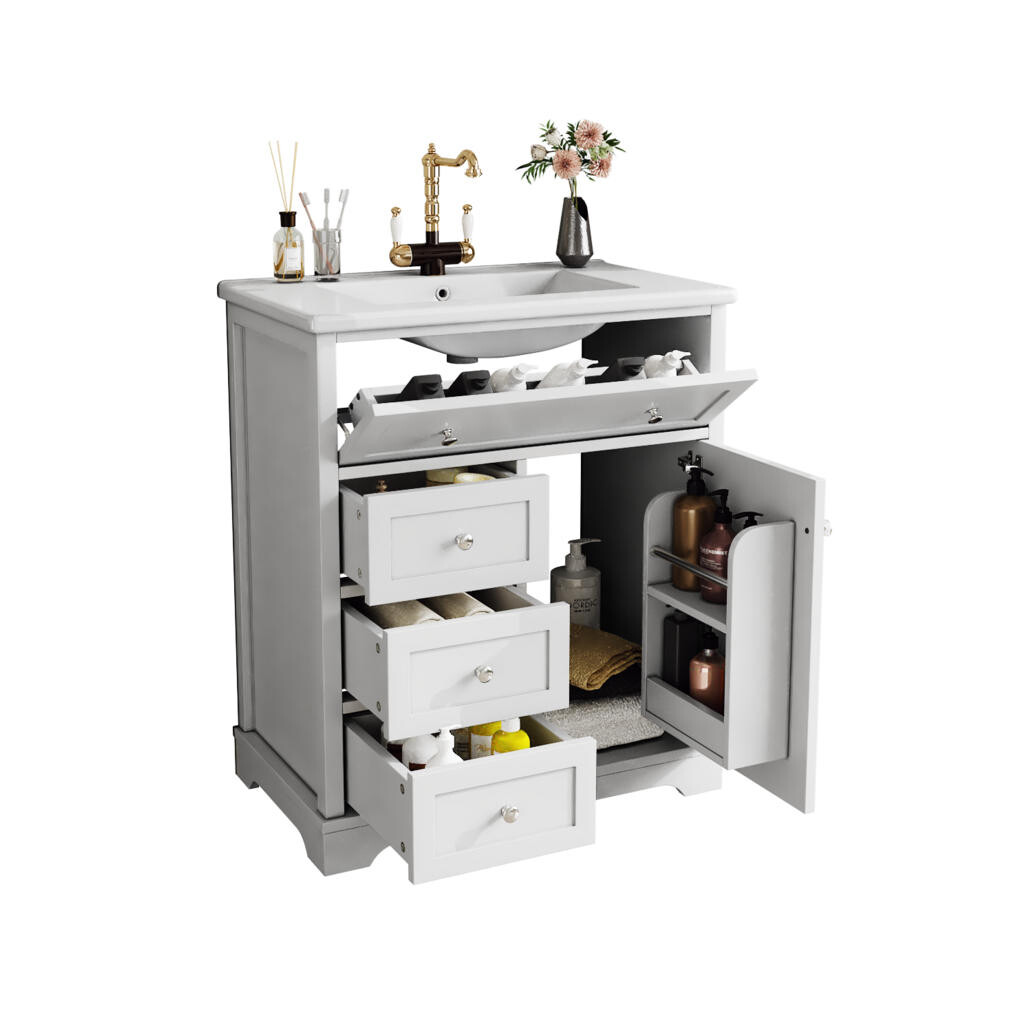 OKWISH KOUPELNOVÁ skříňka pod umyvadlo 76/46/87 cm bílá z keramiky a MDF s úložným prostorem
