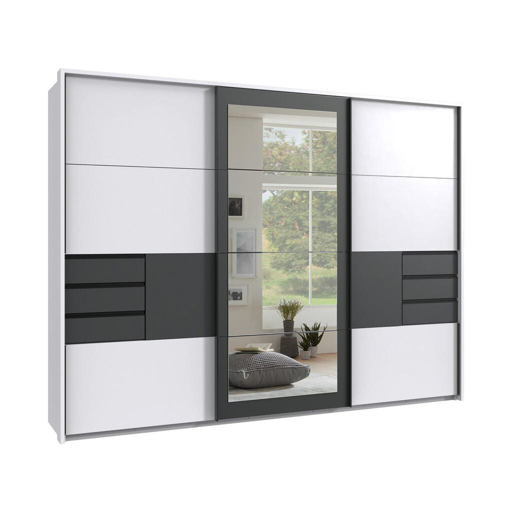 luma-home SKŘÍŇ S POSUVNÝMI DVEŘMI, 3dveřová, 273 × 213 × 64 cm (Š×V×H), bílá s grafitovými akcenty, paspartou, zrcadlem a zásuvkami / 22505