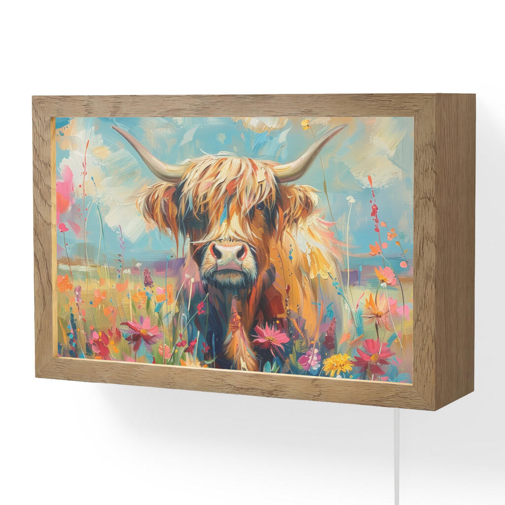 OnlyWow NÁSTĚNNÁ LAMPA Skotský horal - Příroda - Barevné - Květiny 30x20 cm