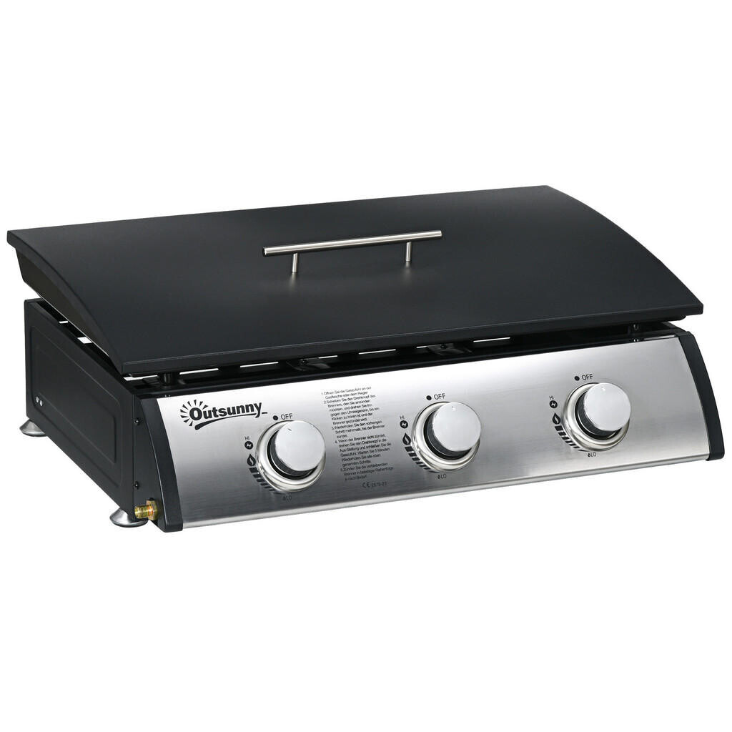 Outsunny PLYNOVÝ GRIL BBQ se 3 hořáky, nerezová ocel, kov, černý, 63 x 47 x 25 cm
