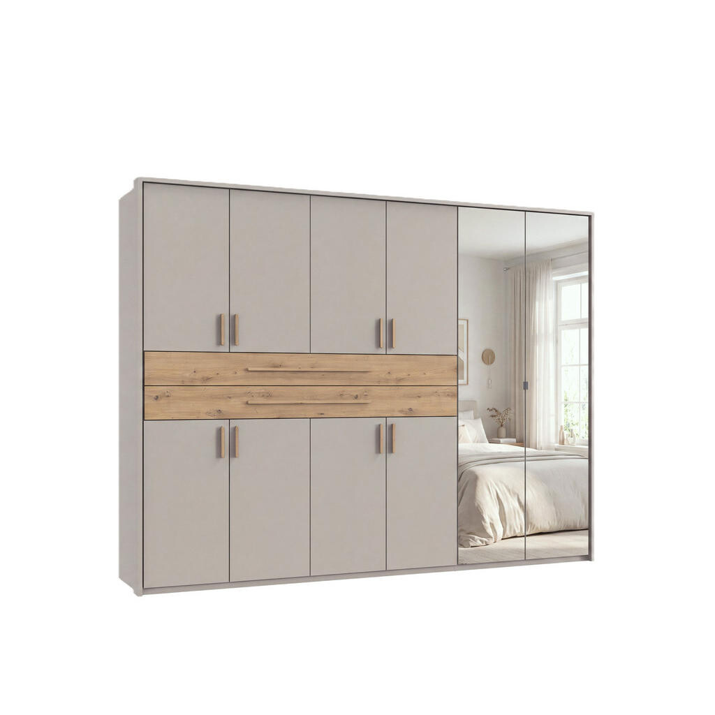 luma-home SKŘÍŇ S OTOČNÝMI DVEŘMI B273/H210/T58 cm, béžovo-šedá, šatní skříň s paspartou, 2 zrcadly, 2 zásuvkami a úchytkami v dekoru dub Artisan / 22