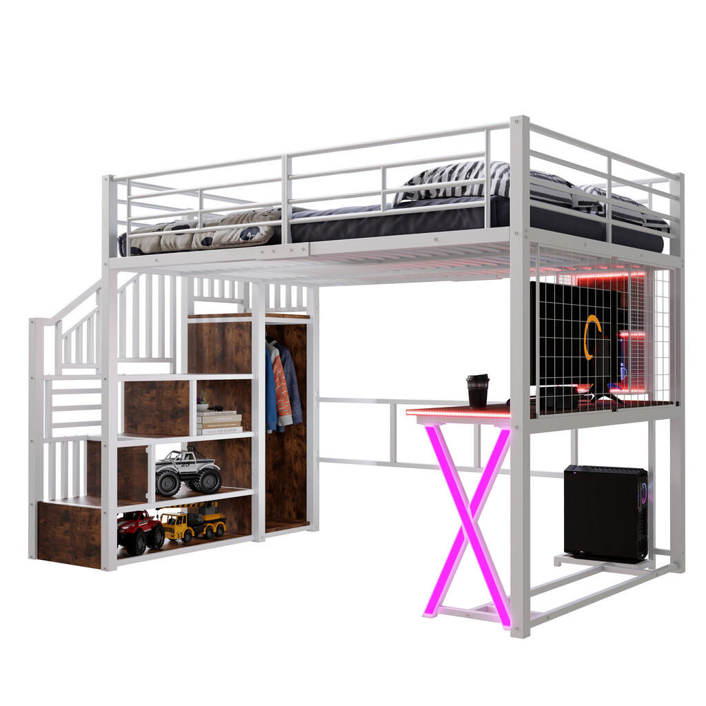 FLIEKS VYVÝŠENÁ POSTEL 140x200cm LED Žebřík Stůl Skříň Bílá