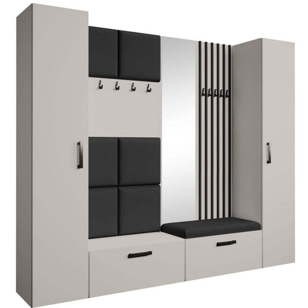 Beautysofa PŘEDSÍŇOVÁ sestava Margaret XL 242/203/43 s čalouněnými panely / lamelami / zrcadlem, kašmírová|černá