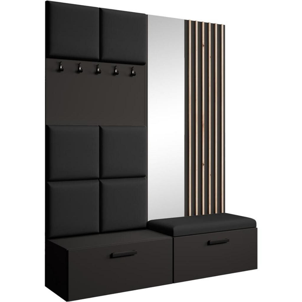 Beautysofa PŘEDSÍŇOVÁ sestava Margaret I+II 162/203/43 s čalouněnými panely / lamelami / zrcadlem, černá|dub artisan