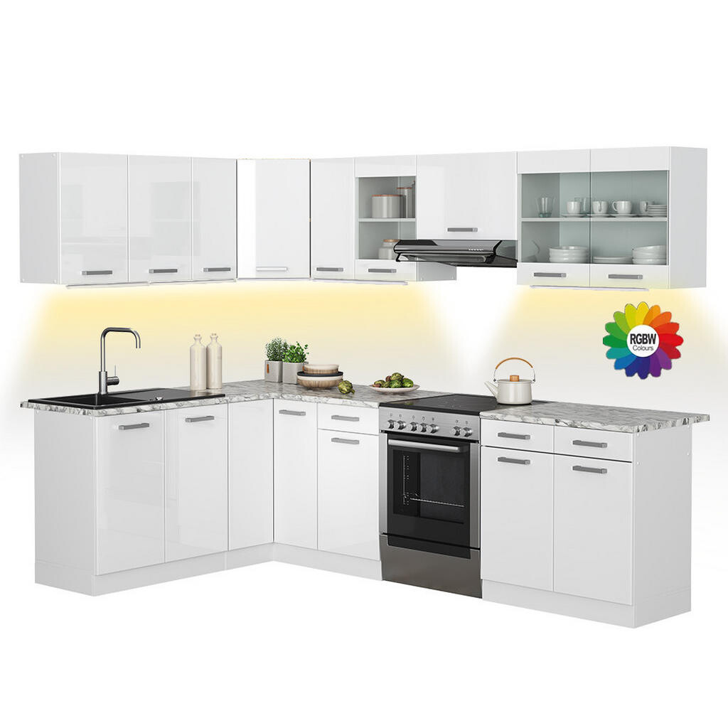 Vicco ROHOVÁ KUCHYŇSKÁ LINKA R-Line, Bílá vysoký lesk/Bílá, 267 x 167 cm s pracovní deskou s páskem LED