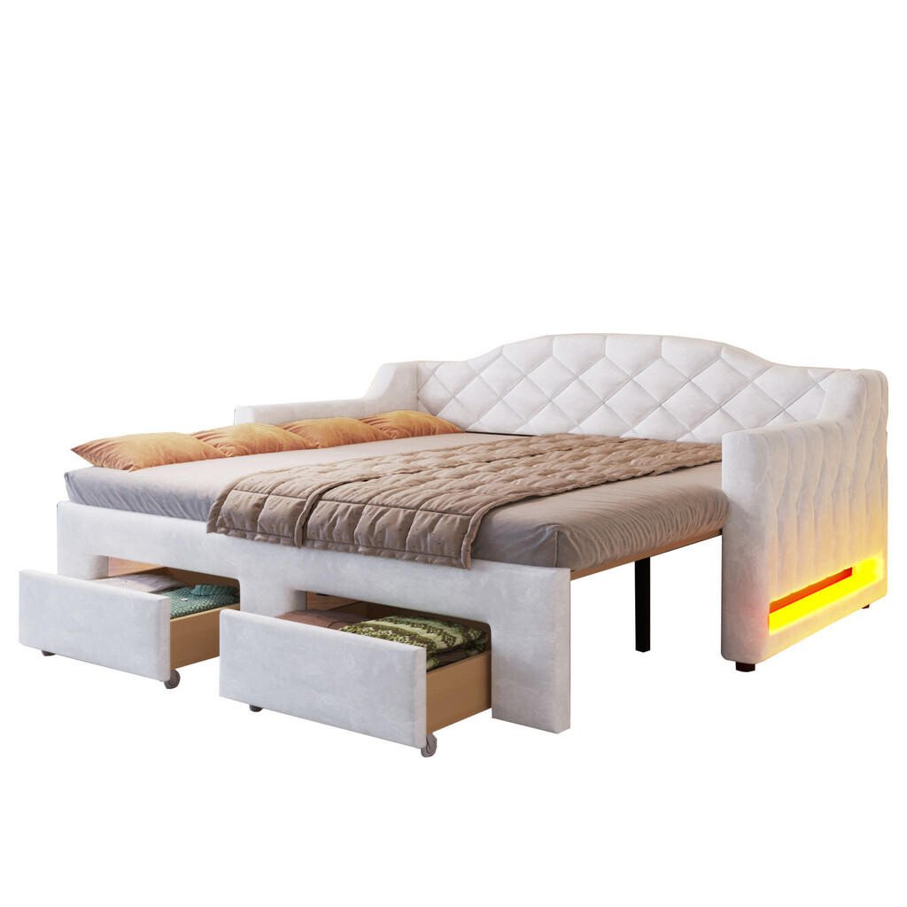 Redom POSTEL 90/200 cm s LED osvětlením, 2 zásuvkami a rozkladem na 180/200 cm, Bílá