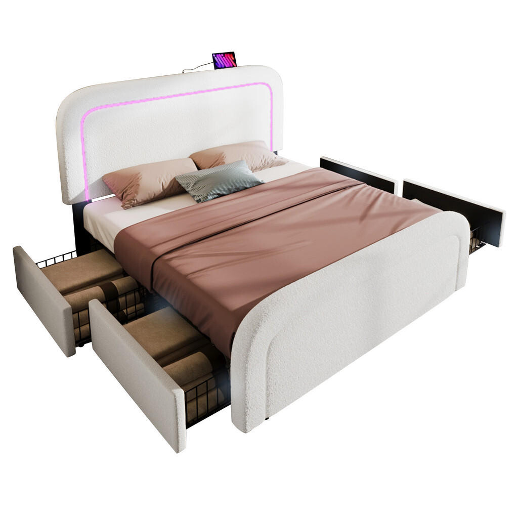 WISHDOR ČALOUNĚNÁ postel 140×200 cm v bílé barvě se Sherpa potahem, 4 zásuvkami, LED osvětlením a USB Type-C