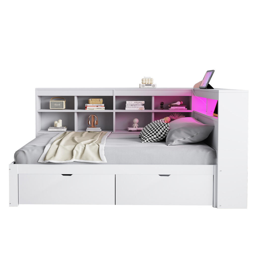 FLIEKS ČALOUNĚNÁ POSTEL 90x200cm Masiv Dřevo LED USB Úložná Bílá
