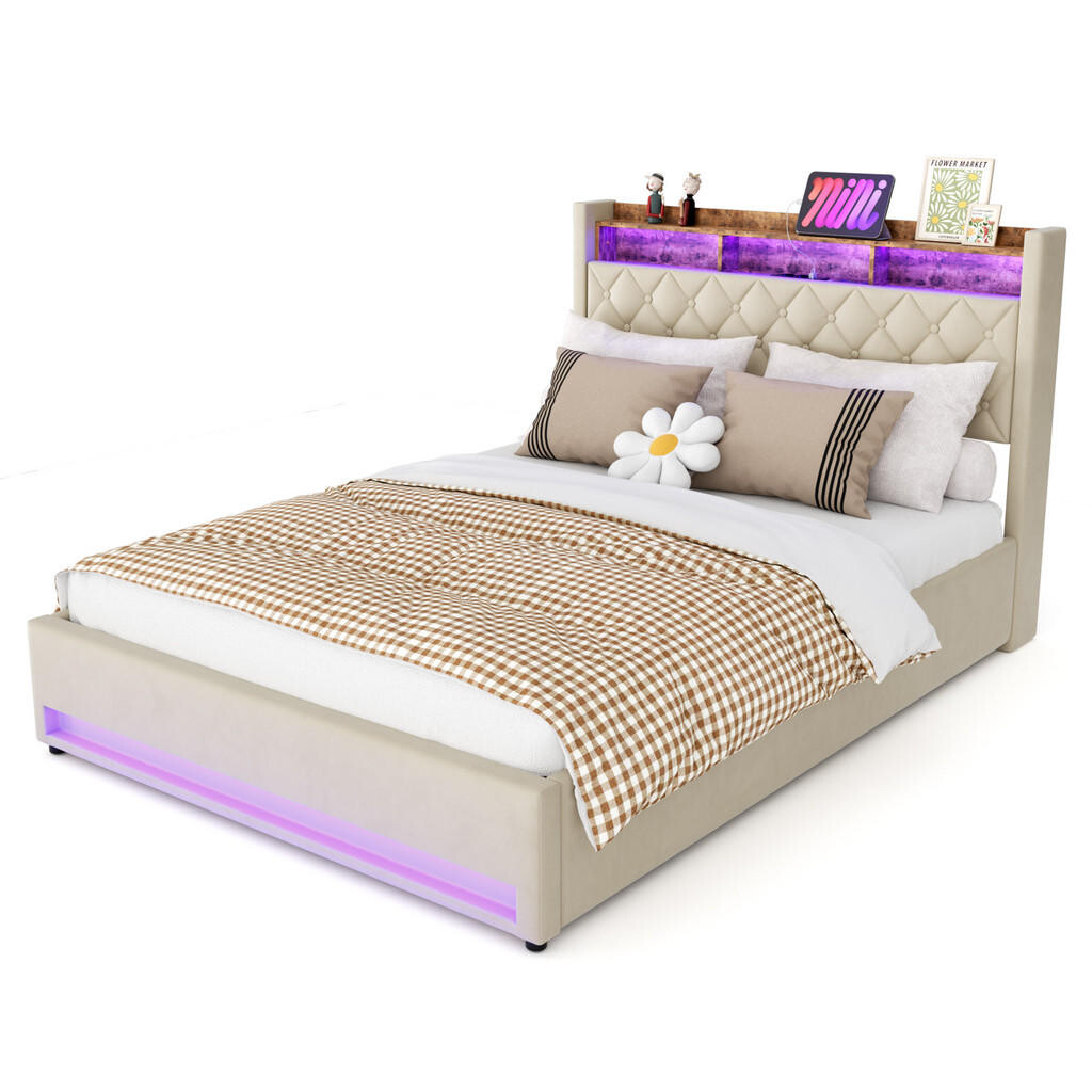 OKWISH ČALOUNĚNÁ postel 160/200 cm béžová s LED lištou osvětlení a USB porty