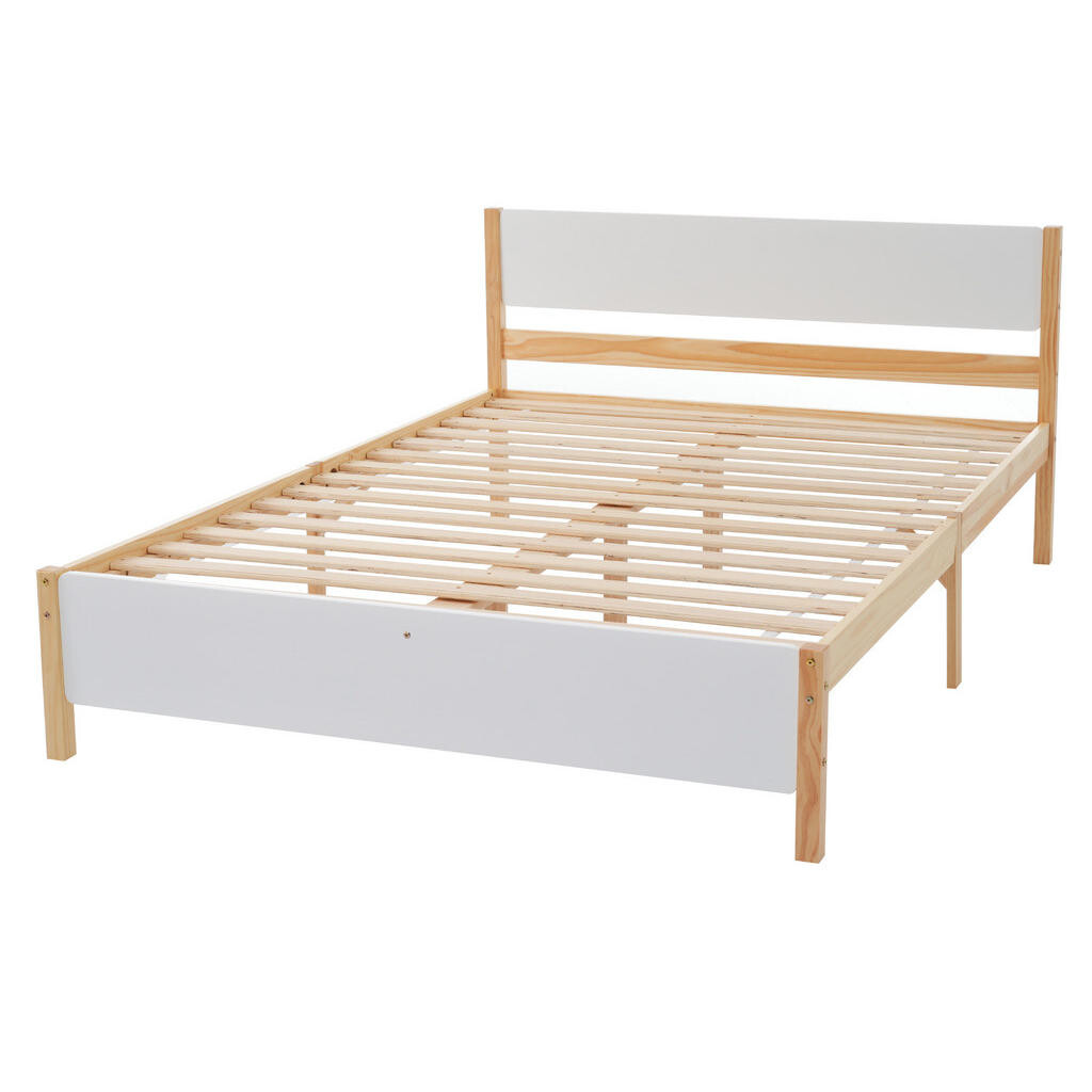 OKWISH DVOJLŮŽKO 140/200 cm bílá a přírodní z masivu borovice a MDF s roštem a středovými nohami