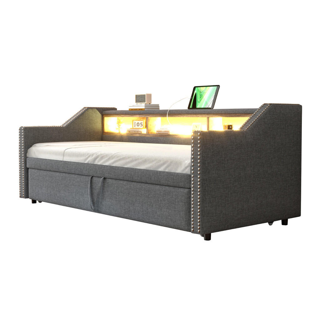 WISHDOR ROZKLÁDACÍ POHOVKA 90 × 190 cm / 90 × 190 cm v tmavě šedém lnu s LED osvětlením, USB a odkládacími přihrádkami