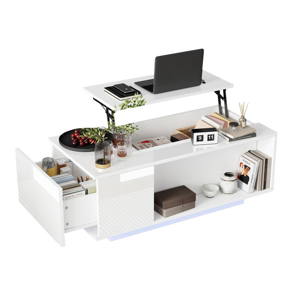 OKWISH KONFERENČNÍ stolek 100/50/40 cm bílý z dřevotřísky s výklopnou deskou a LED osvětlením