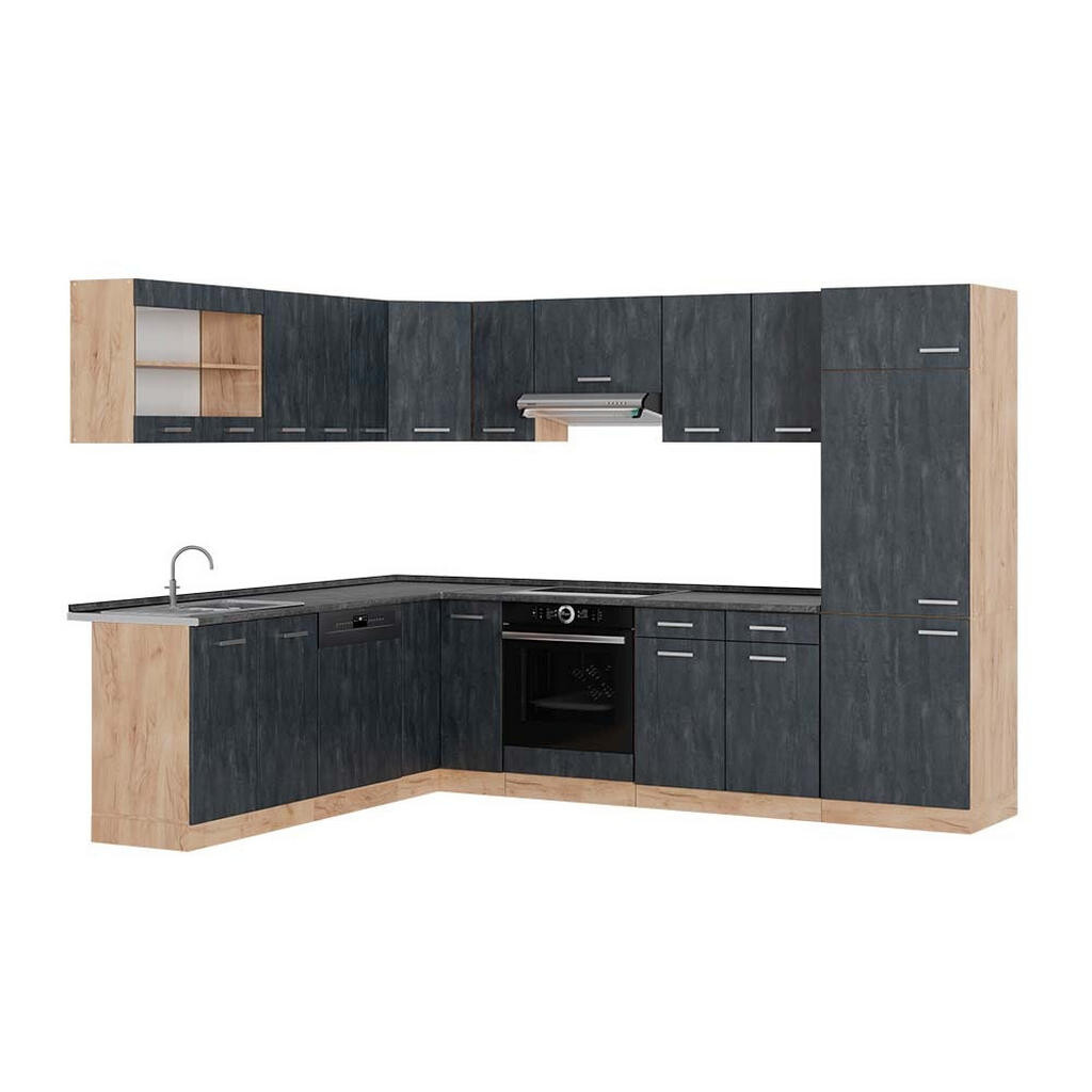 Vicco ROHOVÁ KUCHYŇ R-Line, Černý beton/Zlatý mocný dub, 287 x 227 cm PD Antracit