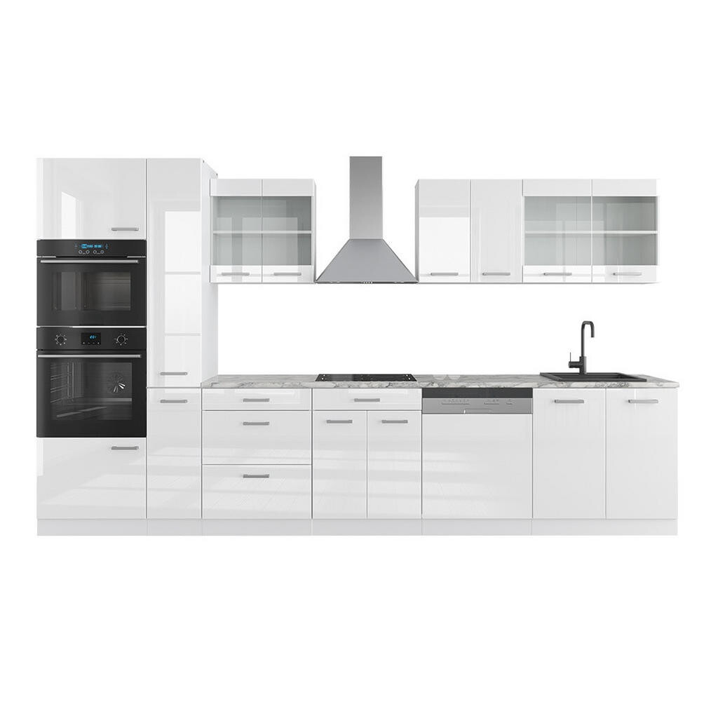 Vicco KUCHYŇSKÝ KOUT R-Line Bílá vysoký lesk/bílá 350 cm s vysokou skříní, s pracovní deskou