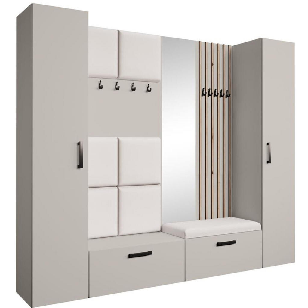 Beautysofa PŘEDSÍŇOVÁ sestava Margaret XL 242/203/43 s čalouněnými panely / lamelami / zrcadlem, kašmírová|dub artisan