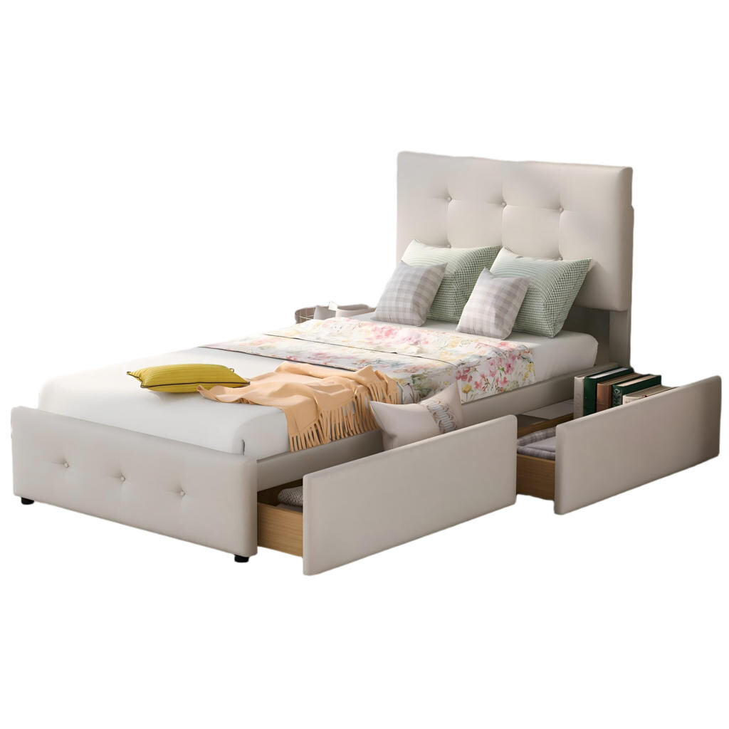 OKWISH ČALOUNĚNÁ postel 90/200 cm béžová ze sametu s roštem a zásuvkou