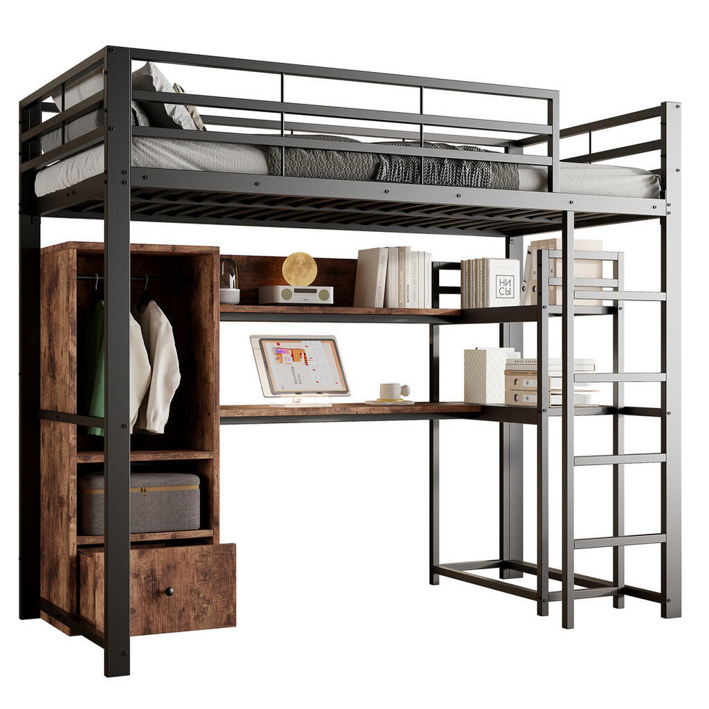 OKWISH VYSOKÁ postel 203/144,5/174 cm černá s LED osvětlením a stolem z kovu a MDF